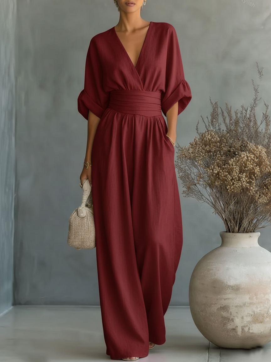 Halszka - Elegancki Kombinezon z Lnianym Dekoltem w Serek i Wysokim Stanem Jabłońska Moda