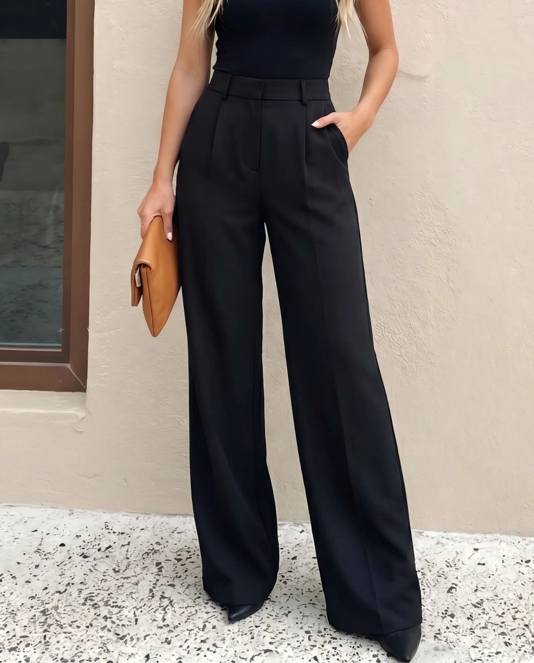 Pantalon de costume noir à taille haute, à double plis, à jambes larges SELUNE