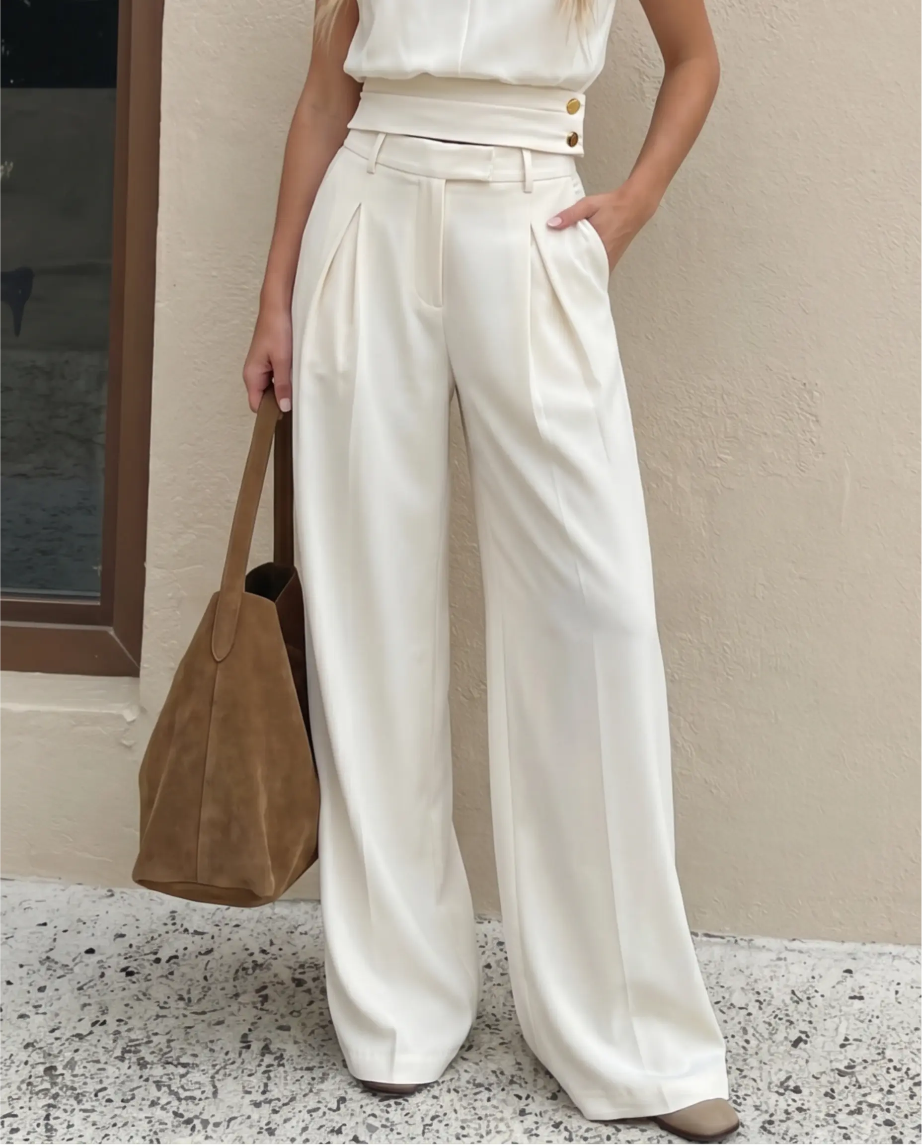 Pantalon de costume blanc à taille haute à deux plis devant, coupe tailleur, jambes larges SELUNE