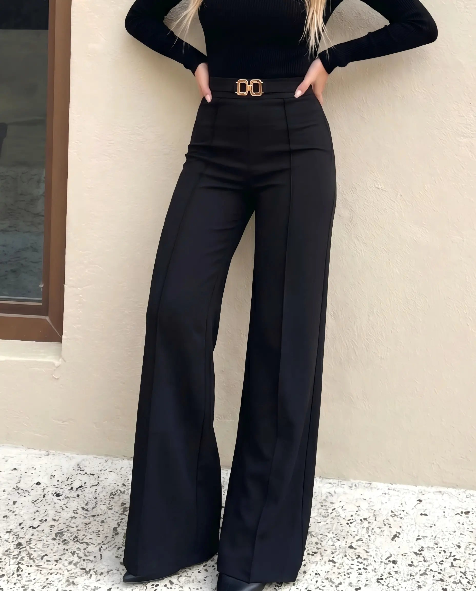 Pantalon noir à taille haute et à jambes larges SELUNE