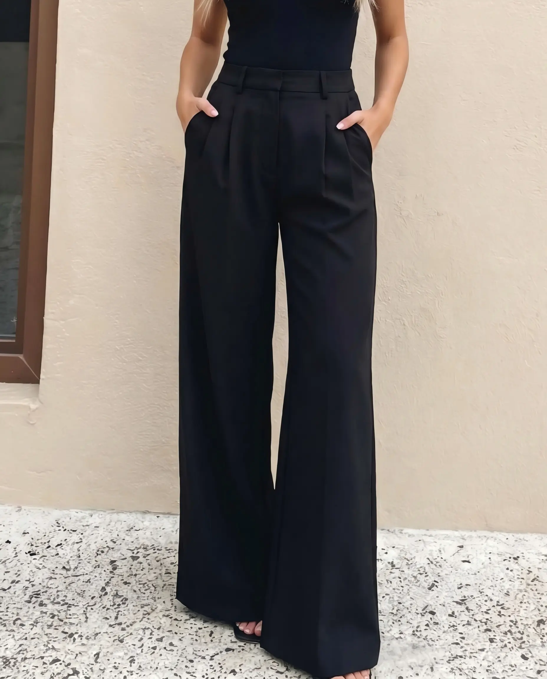 Pantalon de costume noir à taille haute, à double plis, à jambes larges SELUNE
