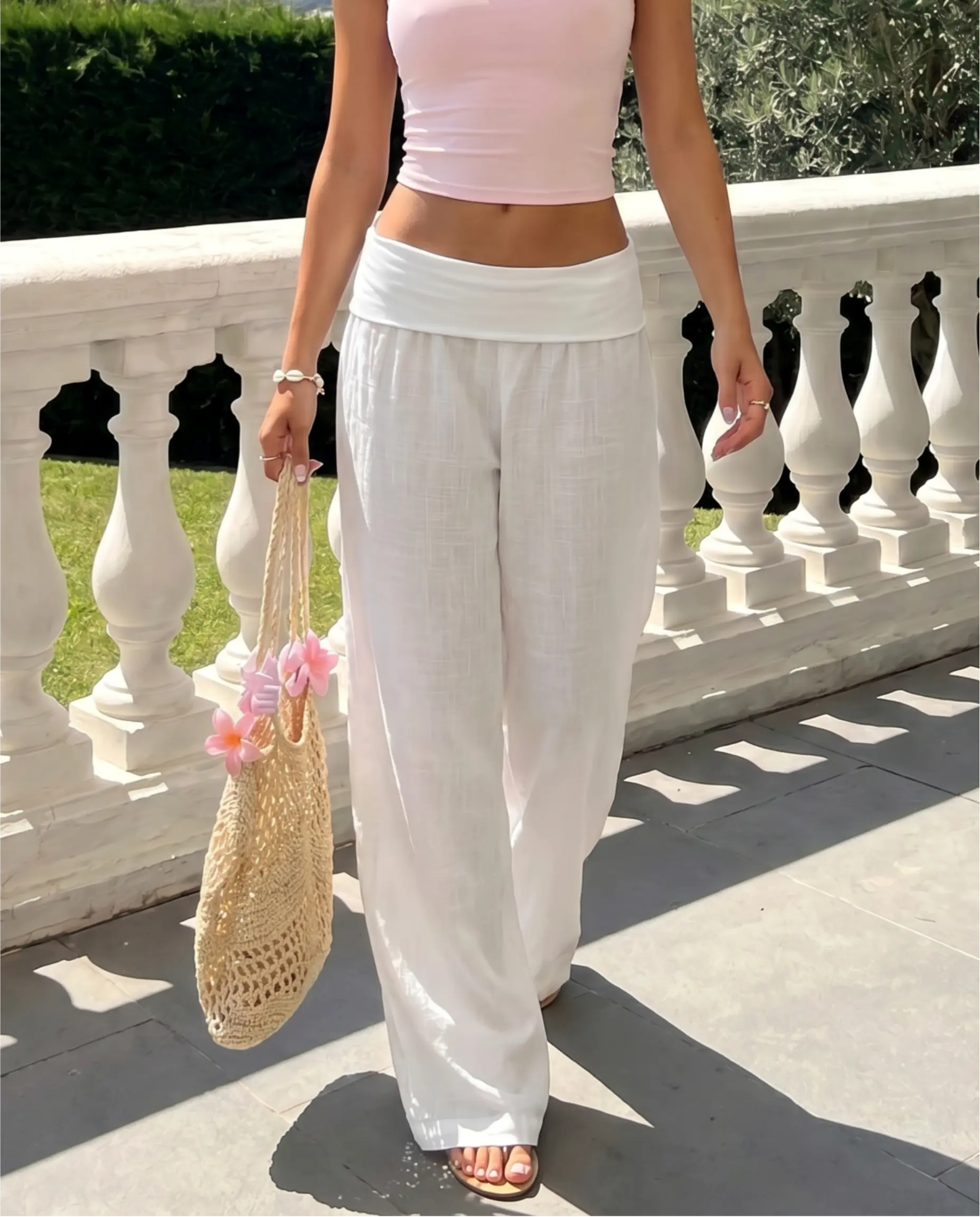 Pantalon en lin blanc à taille rabattue et à jambes larges SELUNE