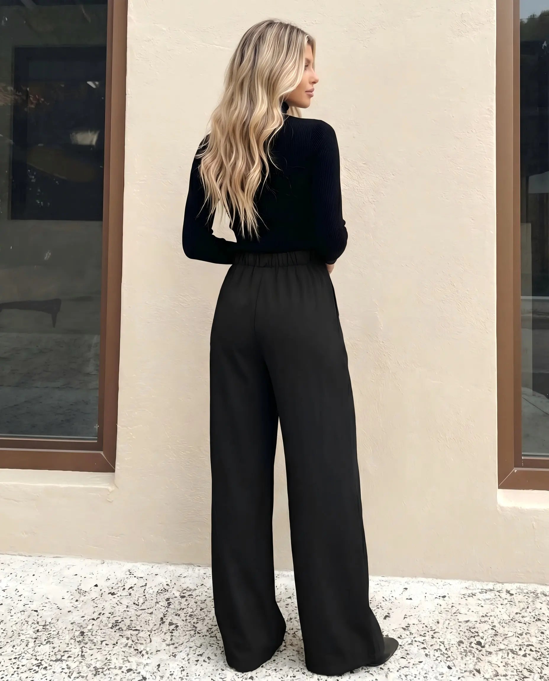 Pantalon noir à taille haute et à jambes larges SELUNE