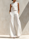 Set Blusa Minimalista in Mistura di Lino e Pantaloni a Gamba Larga da Donna SELUNE