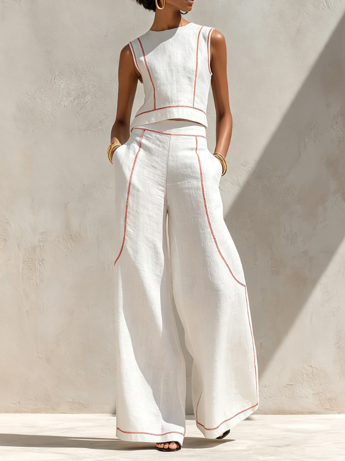 Set Blusa Minimalista in Mistura di Lino e Pantaloni a Gamba Larga da Donna SELUNE