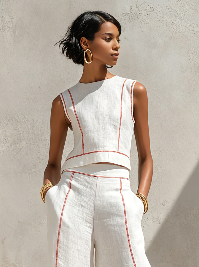 Ensemble blouse minimaliste en mélange de lin et pantalon à jambes larges pour femme SELUNE