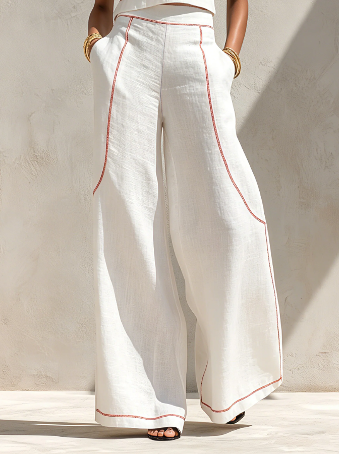 Ensemble blouse minimaliste en mélange de lin et pantalon à jambes larges pour femme SELUNE