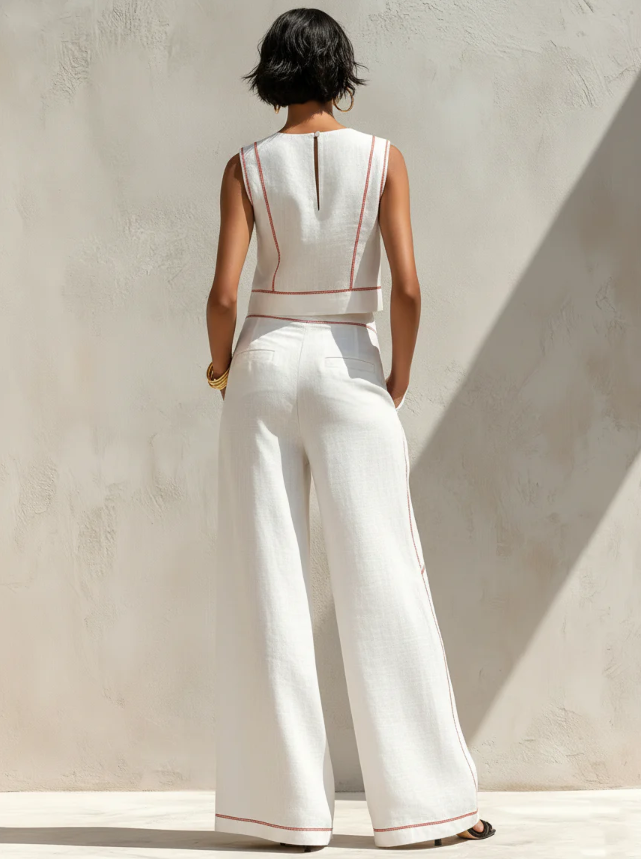 Ensemble blouse minimaliste en mélange de lin et pantalon à jambes larges pour femme SELUNE