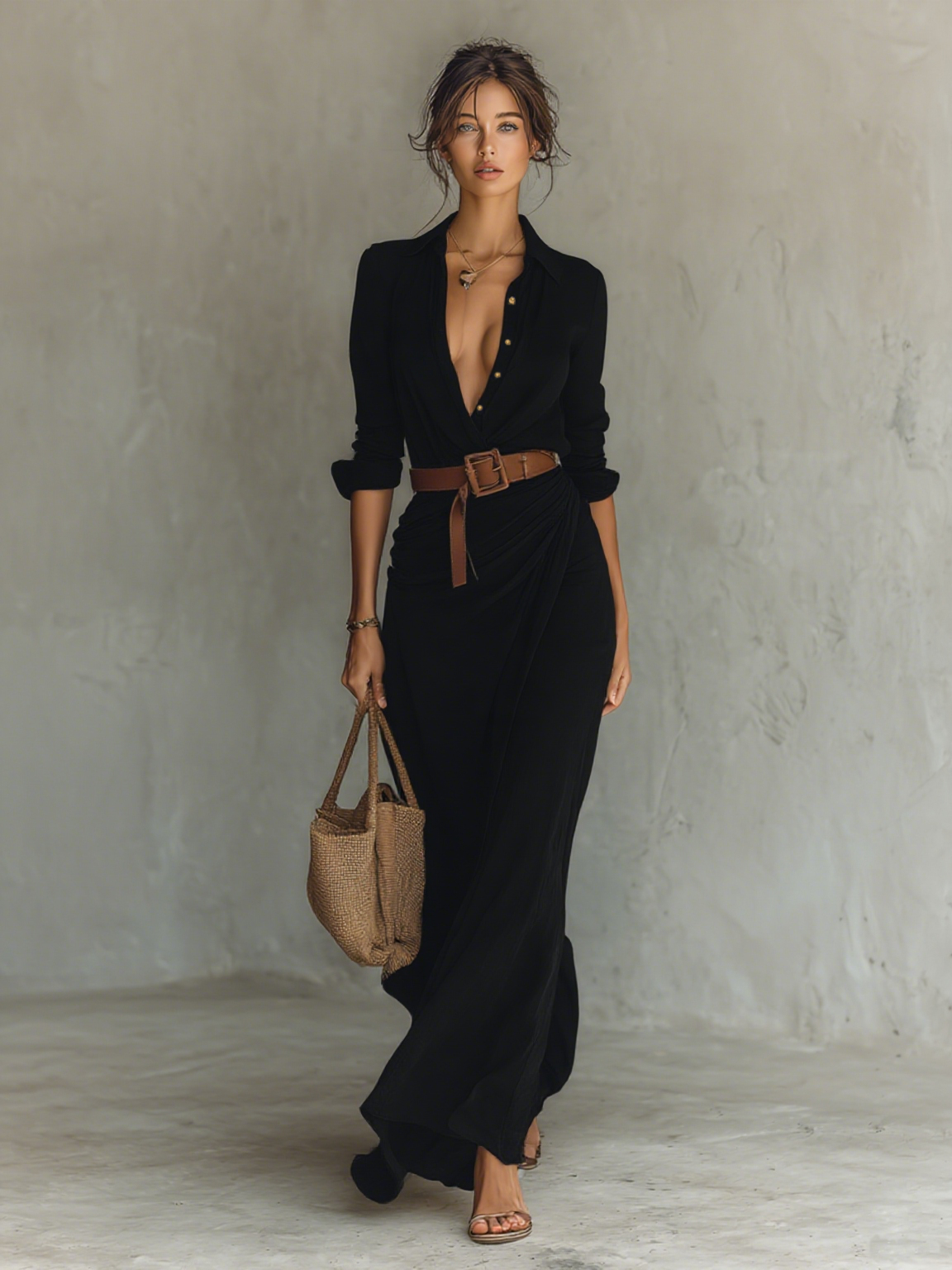 Robe maxi chic à manches longues pour femmes, à col en revers et ceinture, boutonnée sur le devant – MDA1500G4Y WY