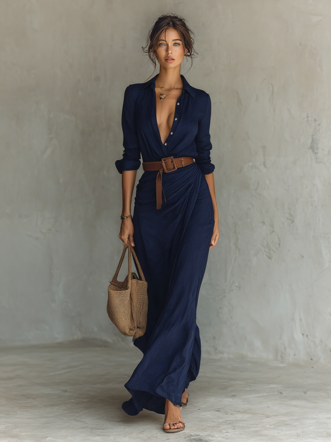 Robe maxi chic à manches longues pour femmes, à col en revers et ceinture, boutonnée sur le devant – MDA1500G4Y WY