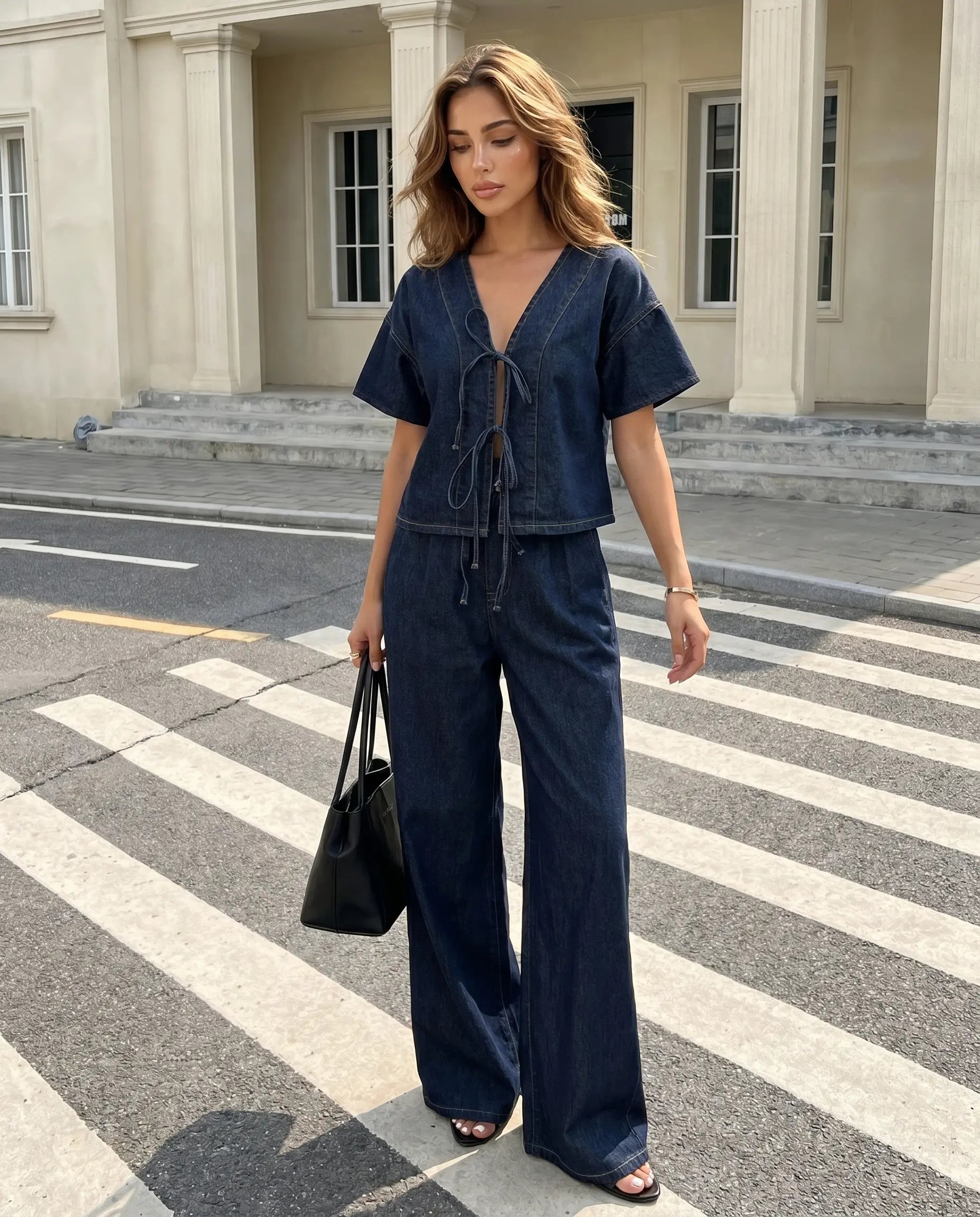 Pantalon en denim foncé à taille haute et jambes larges SELUNE
