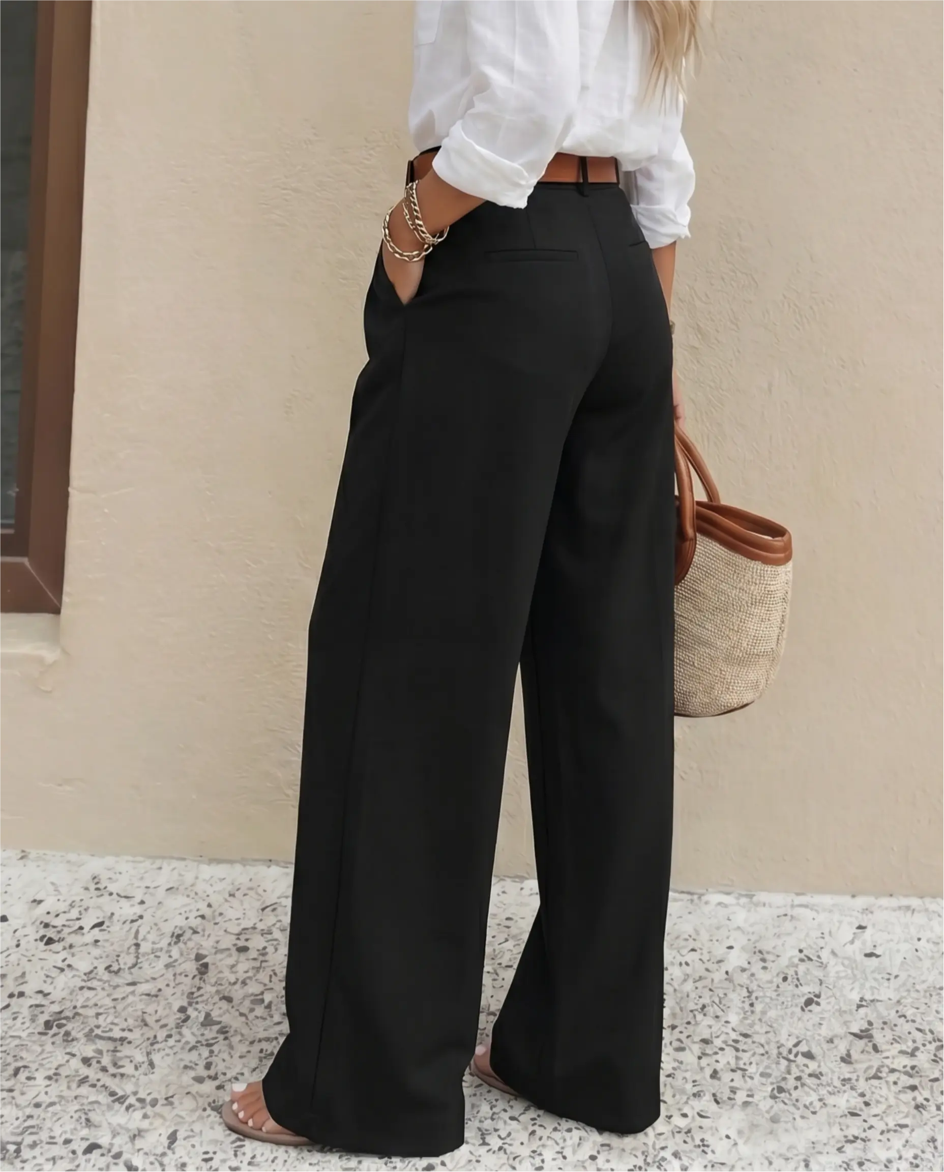Pantalon de costume noir à taille haute, à double plis, à jambes larges SELUNE