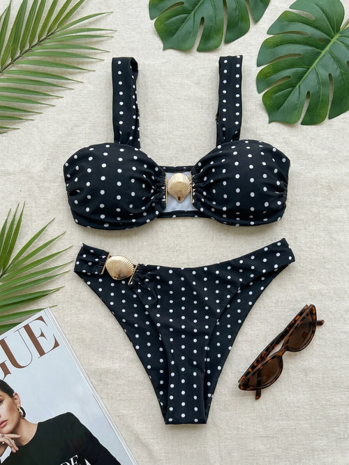 Chic bikini noir et blanc à pois, coupe haute, avec liens sur les côtés BEACHEERS
