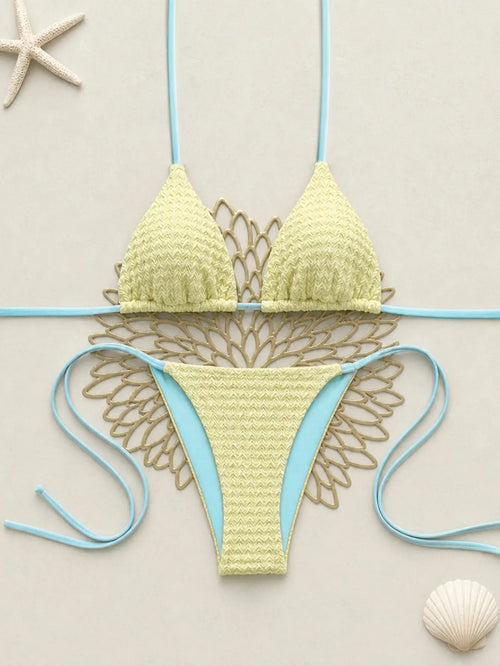 Bikini bleu à lanières, coupe haute, à liens sur les côtés – ensemble 2 pièces BEACHEERS