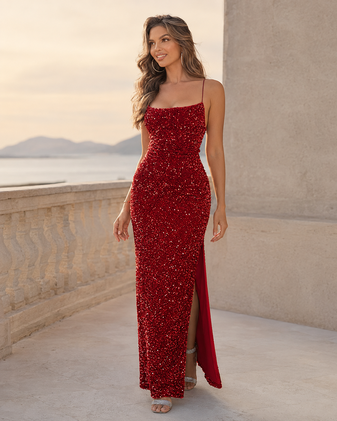 Sequin Backless Split Maxi Dress Trendsi