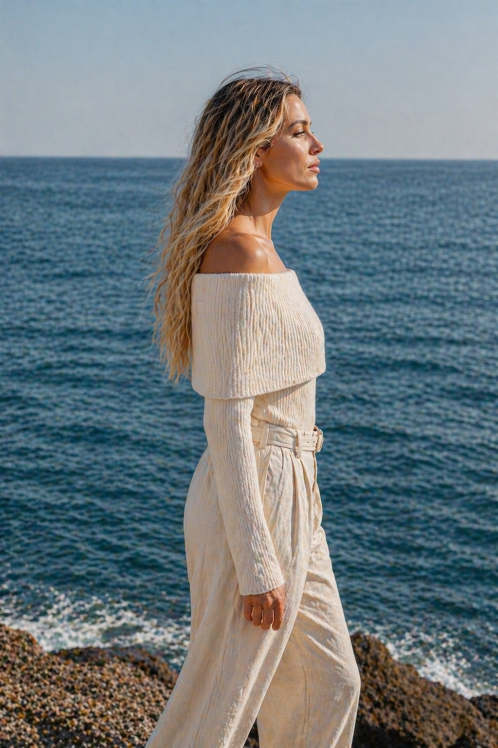 Off-Shoulder Ribbed Knit Sweater Trendsi