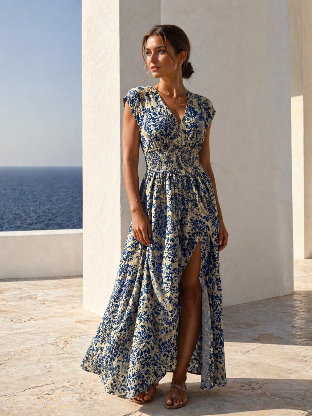 Printed Cap Sleeve Maxi Dress Trendsi