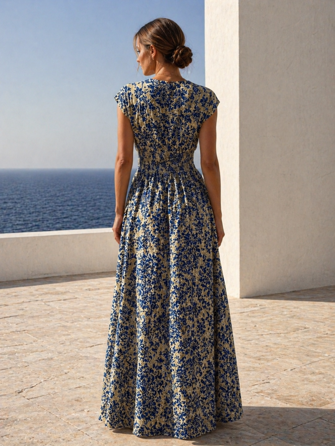 Printed Cap Sleeve Maxi Dress Trendsi