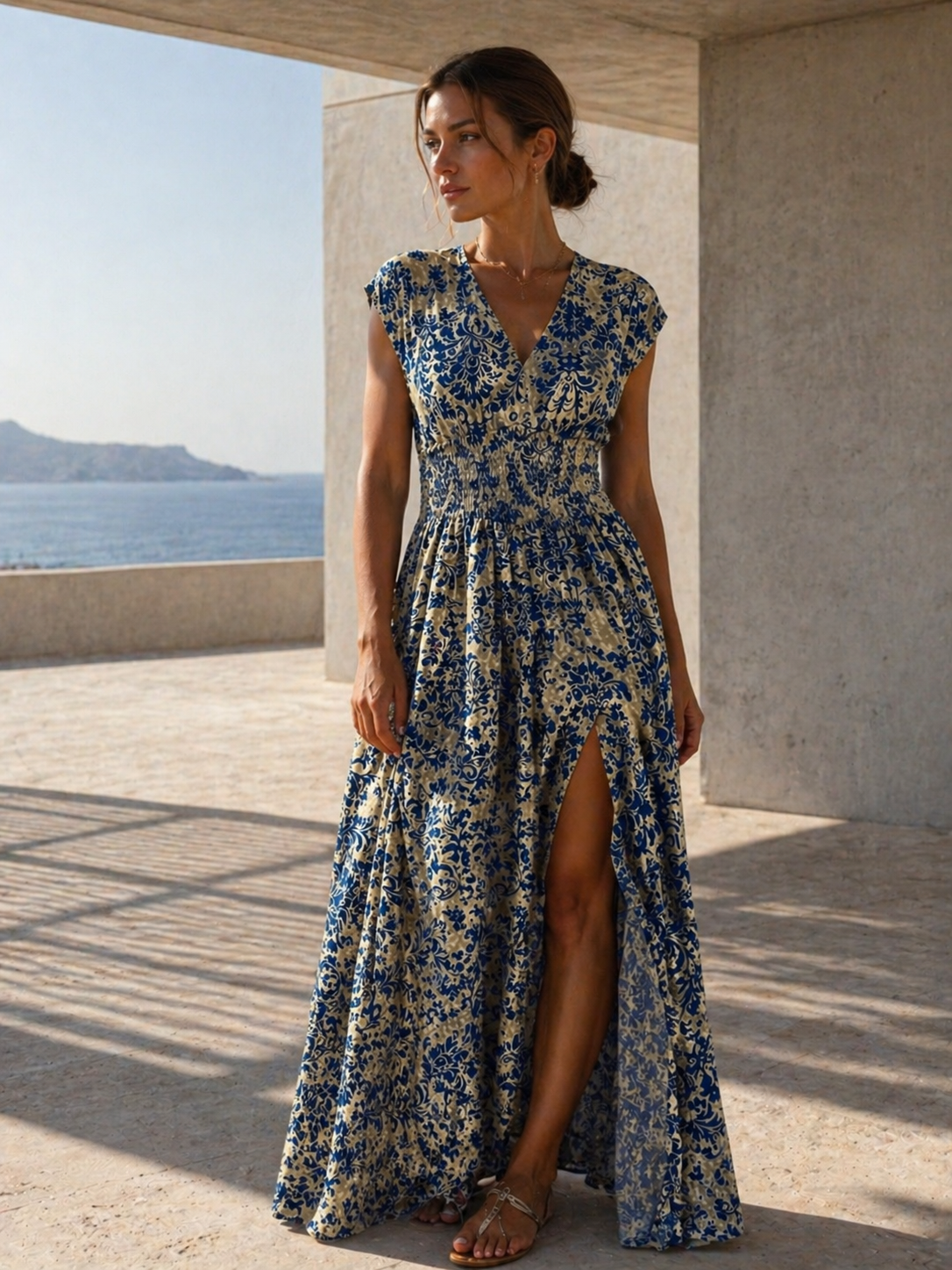 Printed Cap Sleeve Maxi Dress Trendsi