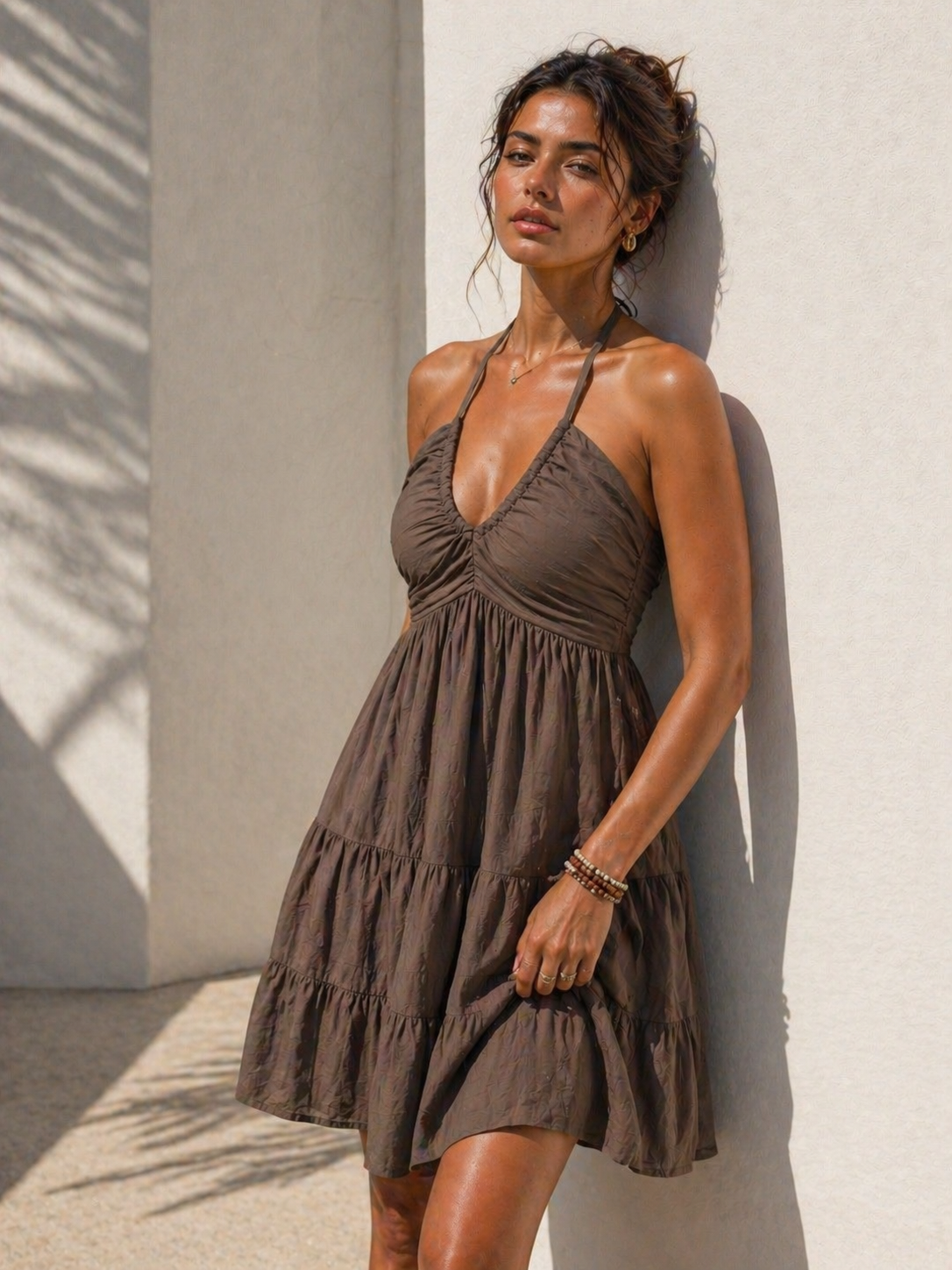 Smocked Halter Neck Tiered Dress Trendsi