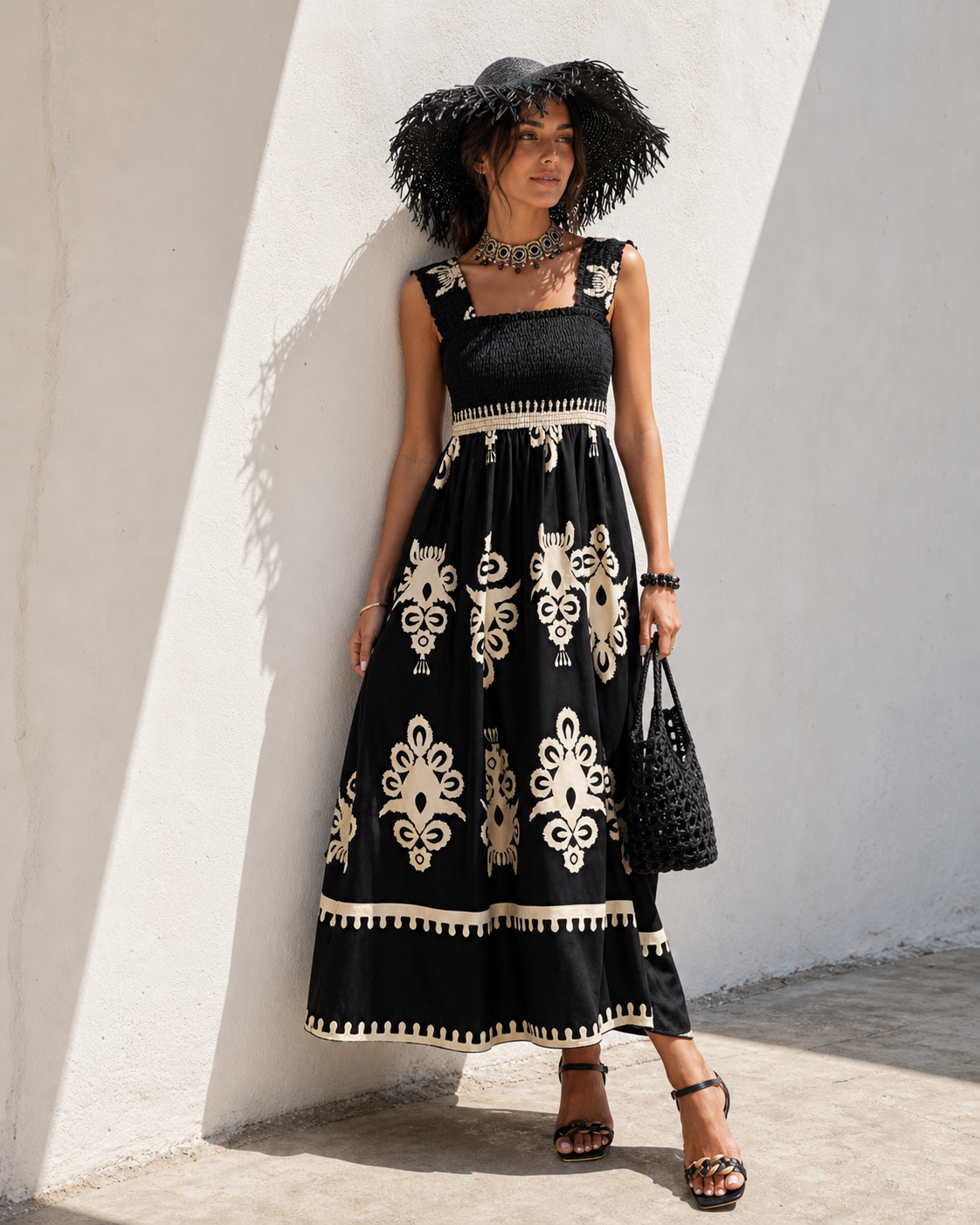 Smocked Printed Wide Strap Maxi Dress Trendsi