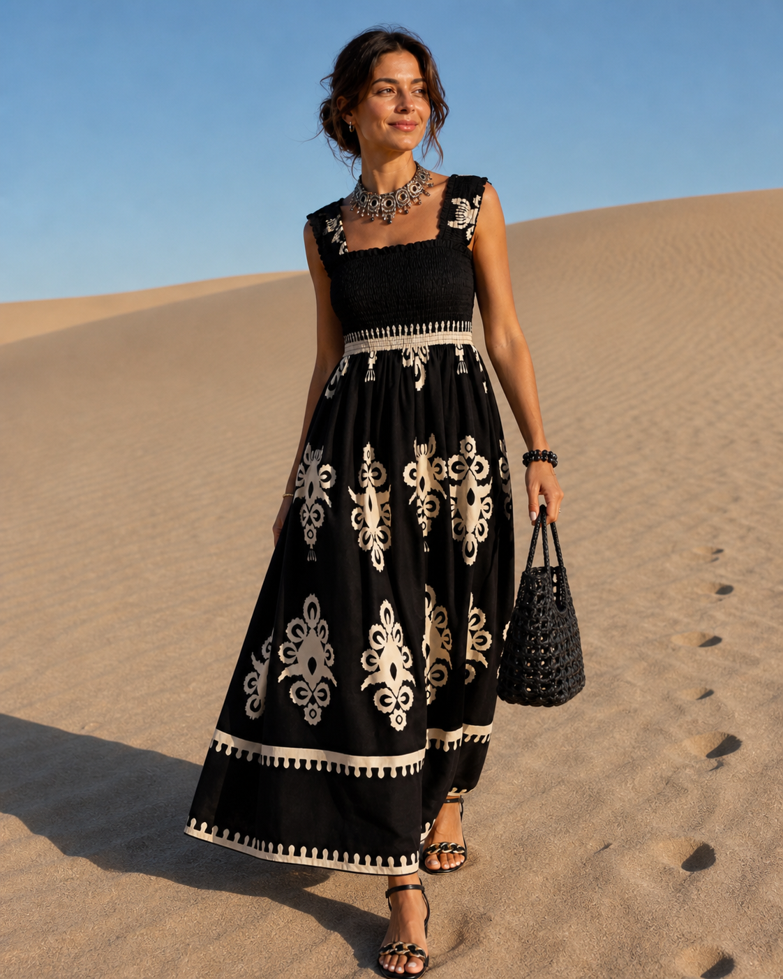 Smocked Printed Wide Strap Maxi Dress Trendsi