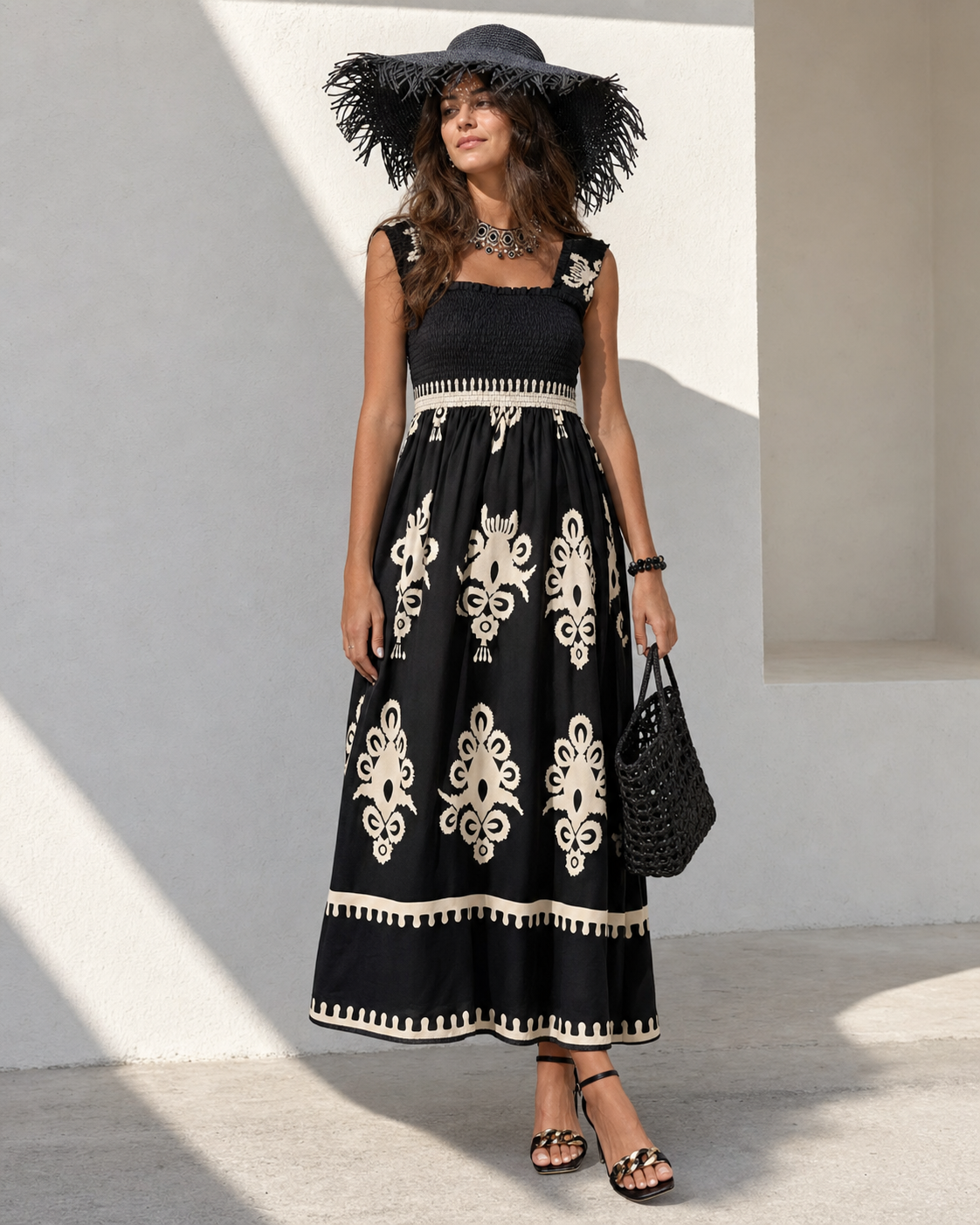 Smocked Printed Wide Strap Maxi Dress Trendsi