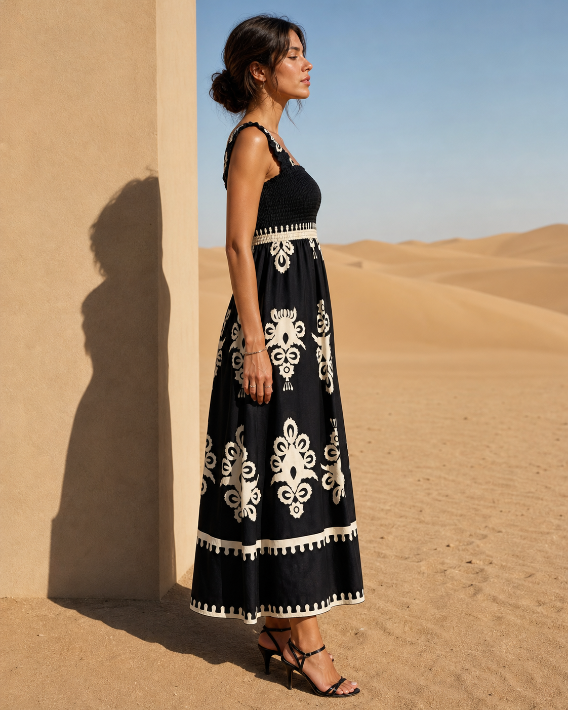 Smocked Printed Wide Strap Maxi Dress Trendsi