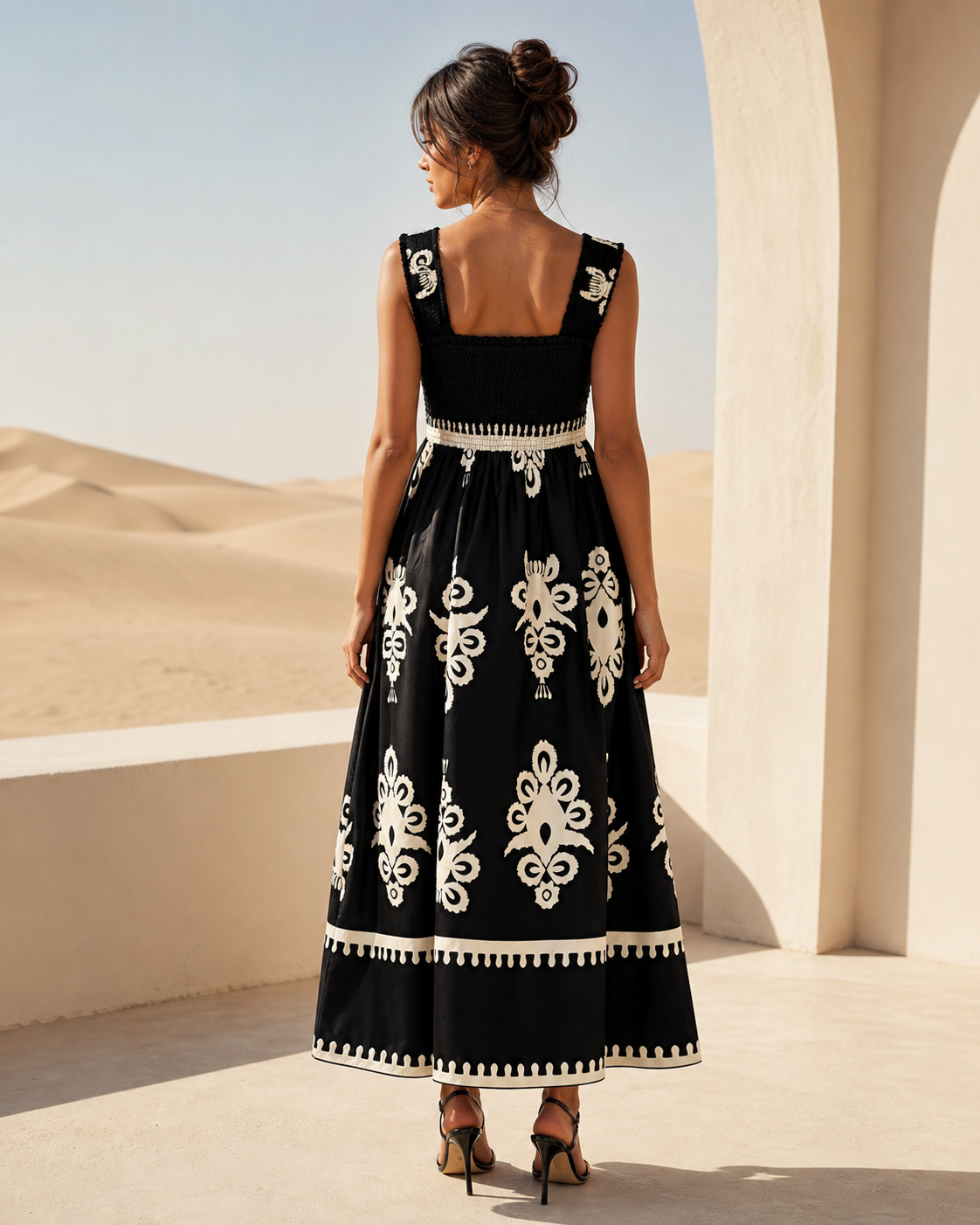 Smocked Printed Wide Strap Maxi Dress Trendsi