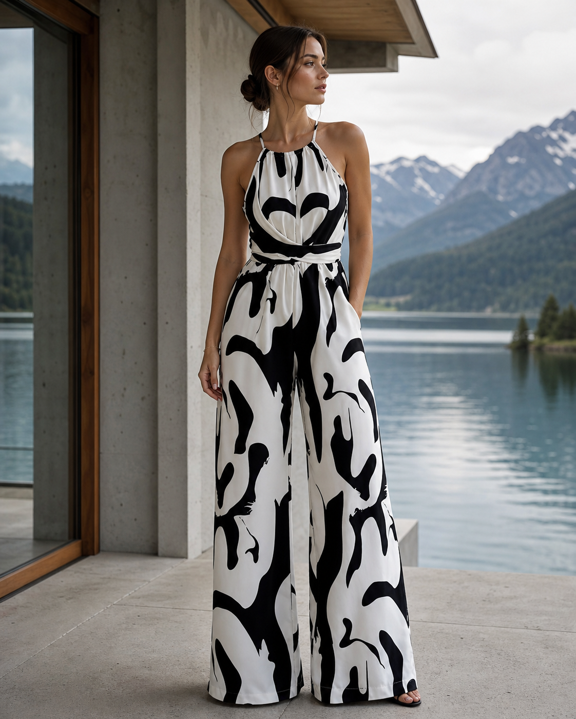 Abstract Print Sleeveless Wide Leg Jumpsuit Trendsi