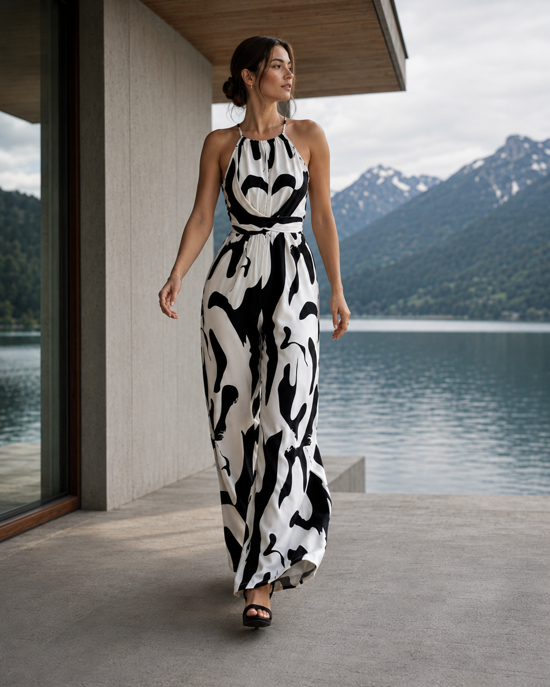 Abstract Print Sleeveless Wide Leg Jumpsuit Trendsi