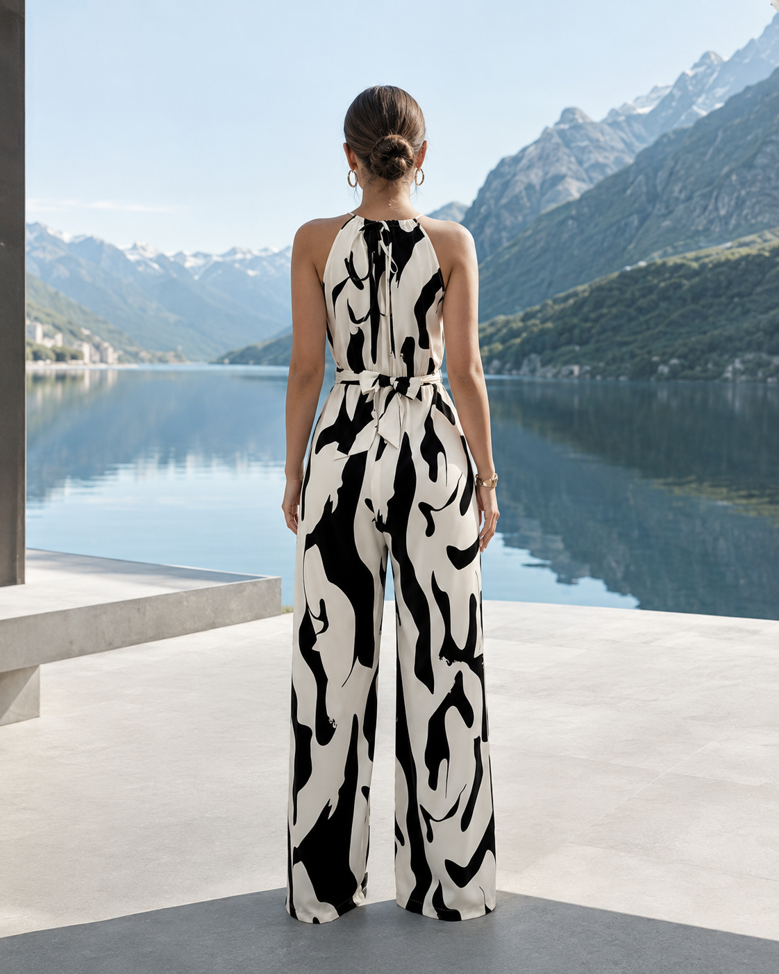 Abstract Print Sleeveless Wide Leg Jumpsuit Trendsi