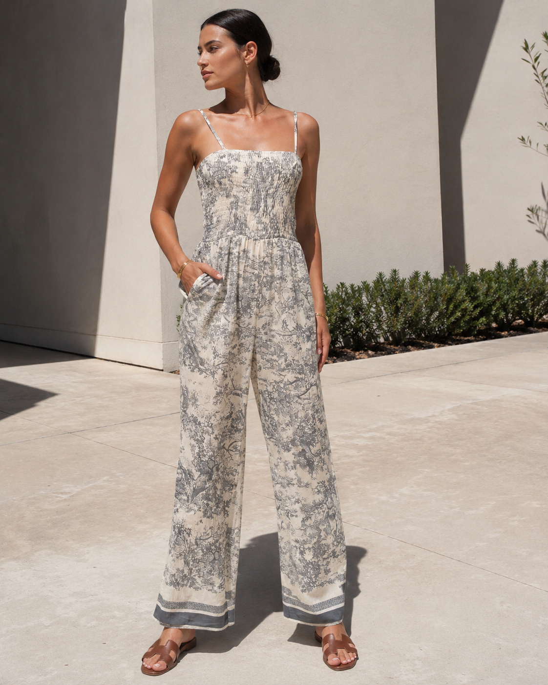 Printed Smocked Wide Leg Jumpsuit Trendsi
