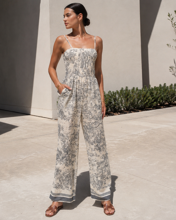 Printed Smocked Wide Leg Jumpsuit Trendsi