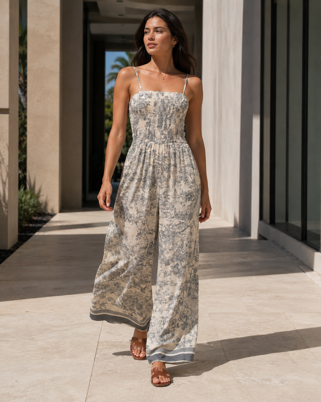 Printed Smocked Wide Leg Jumpsuit Trendsi