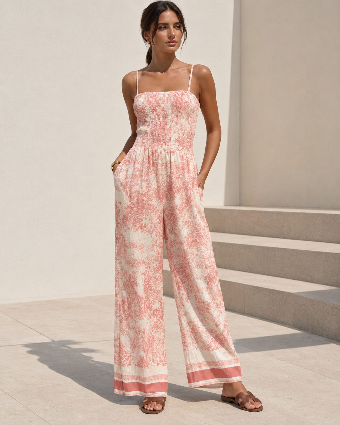 Printed Smocked Wide Leg Jumpsuit Trendsi