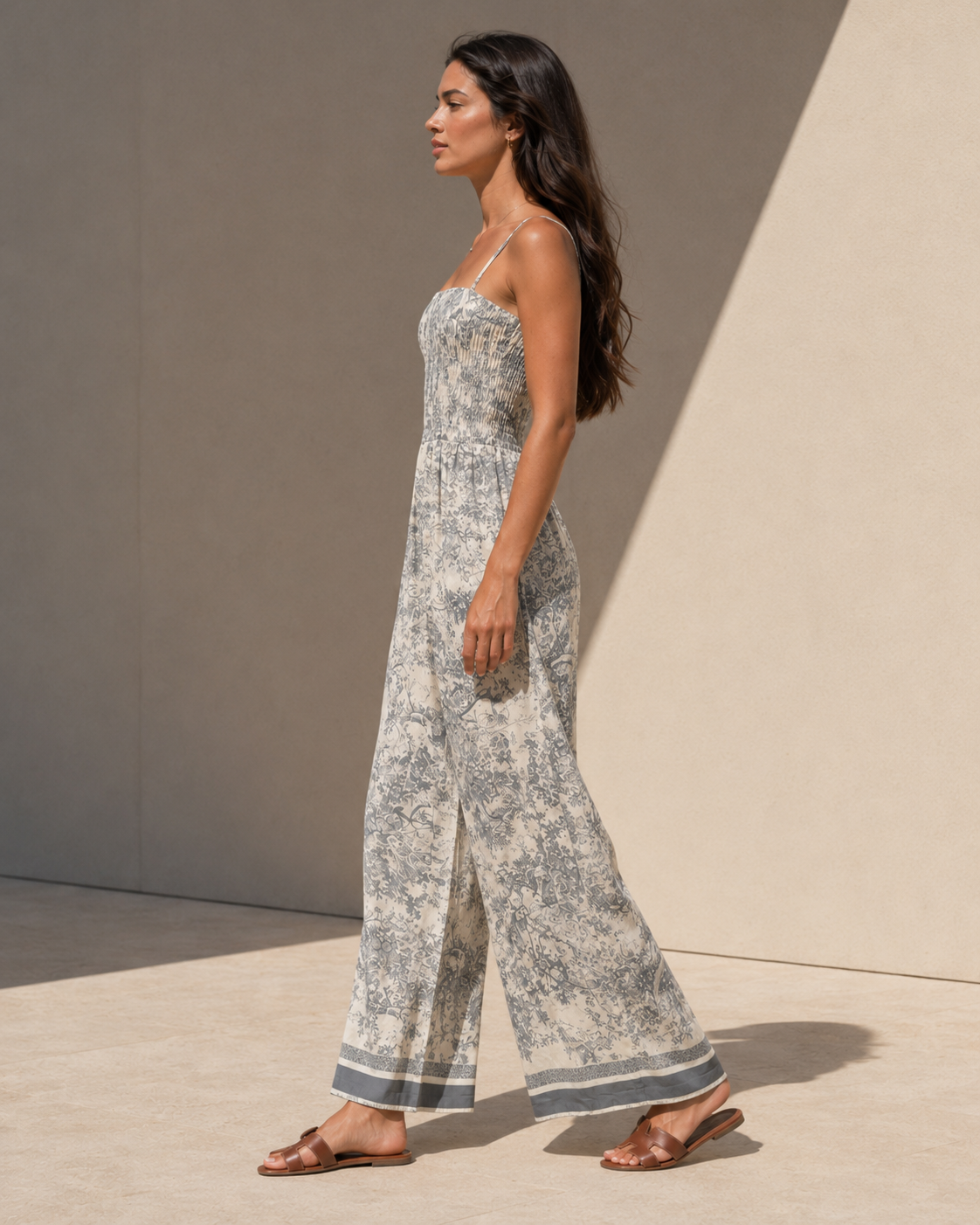 Printed Smocked Wide Leg Jumpsuit Trendsi