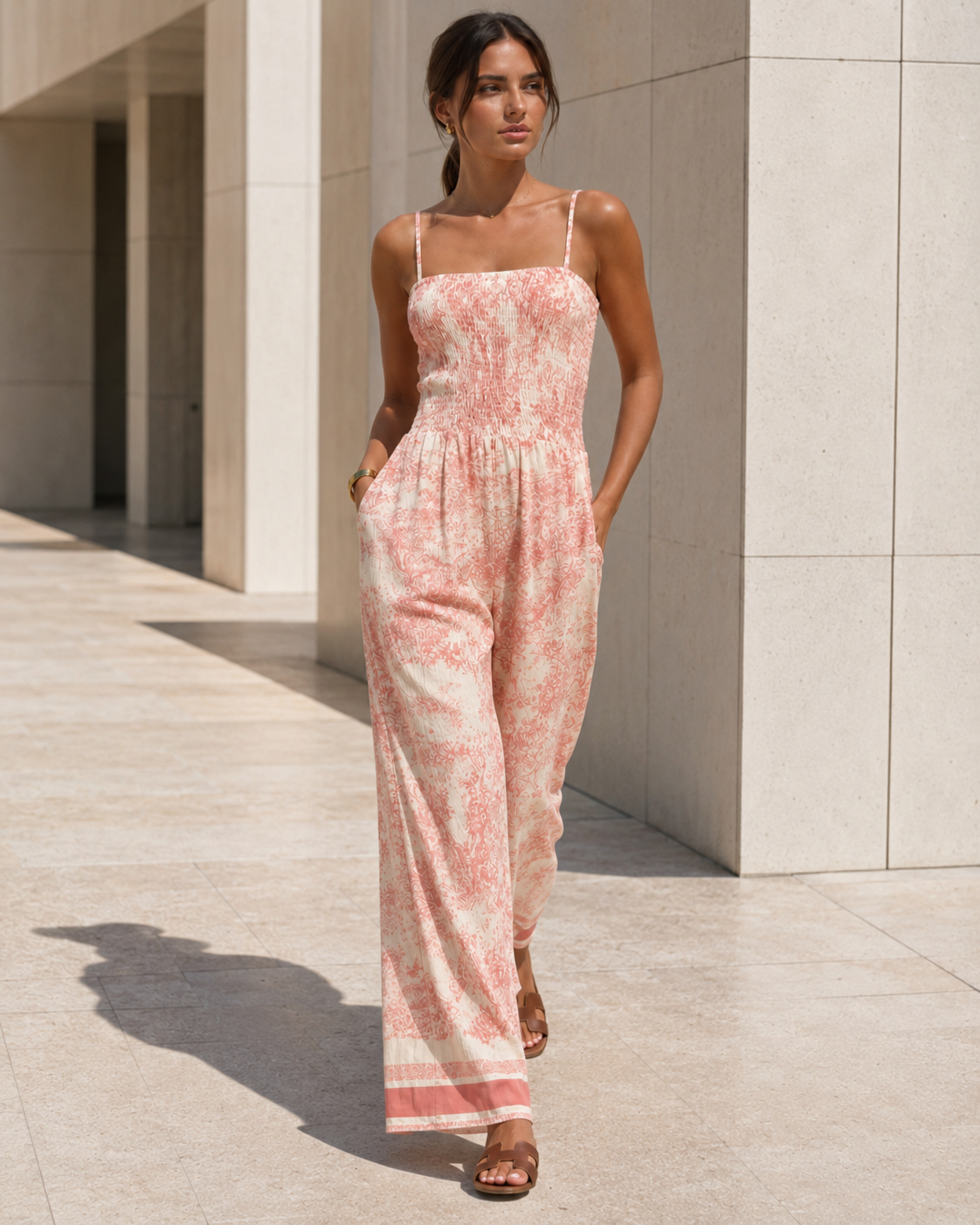 Printed Smocked Wide Leg Jumpsuit Trendsi