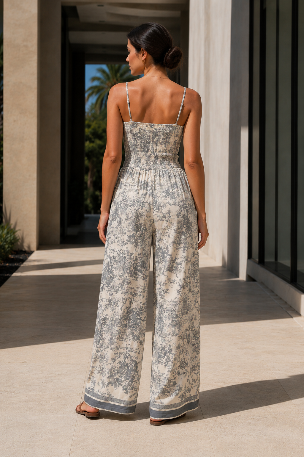 Printed Smocked Wide Leg Jumpsuit Trendsi