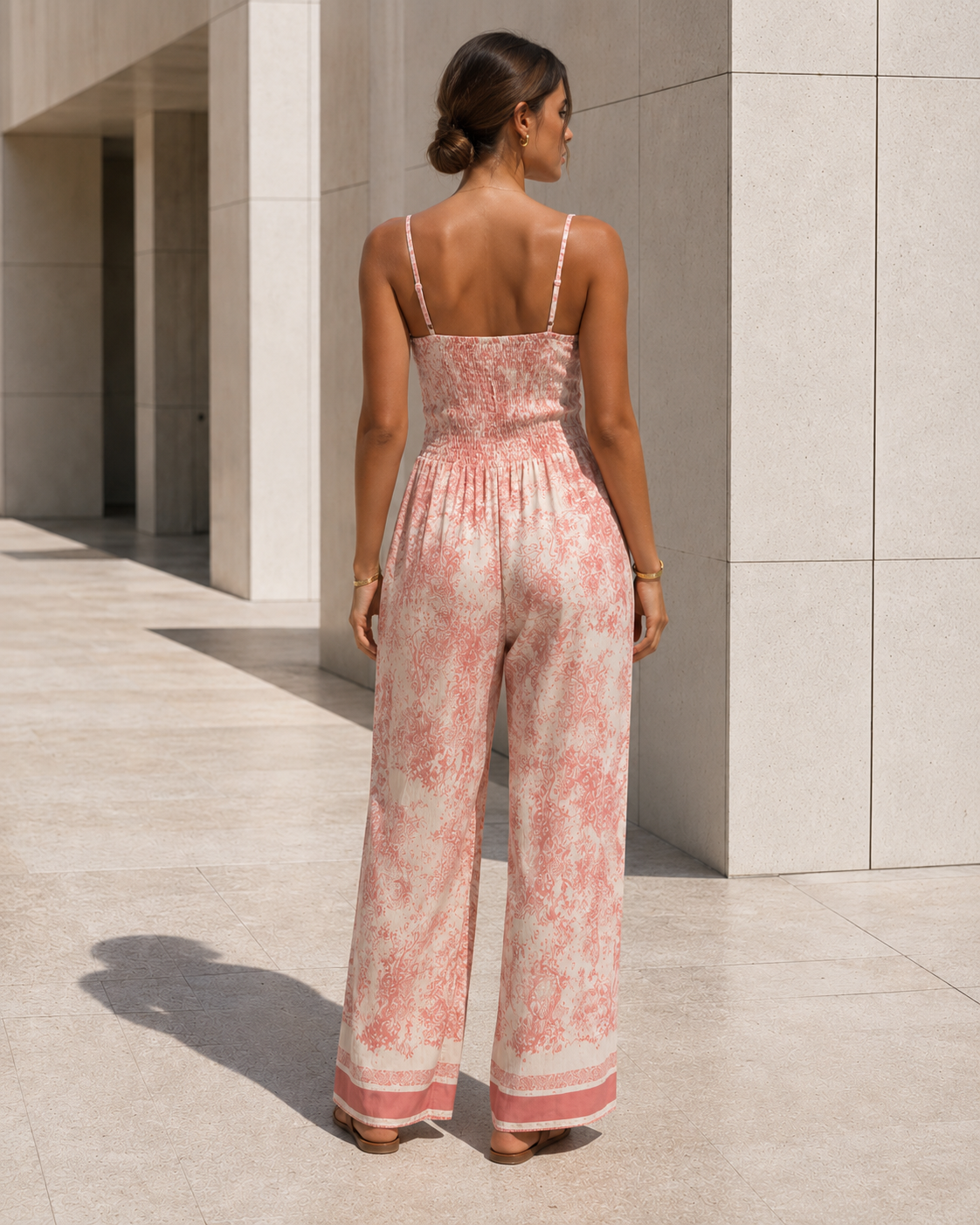 Printed Smocked Wide Leg Jumpsuit Trendsi