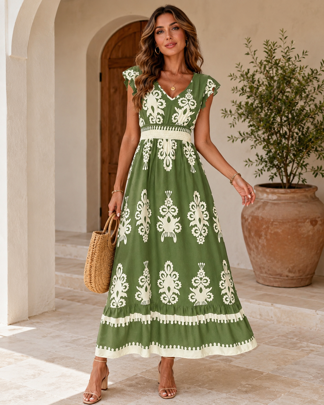 Printed V-Neck Ruffled Cap Sleeve Dress Trendsi