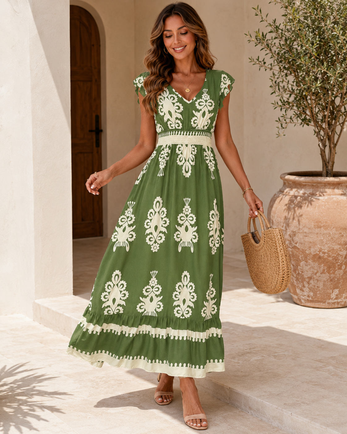 Printed V-Neck Ruffled Cap Sleeve Dress Trendsi