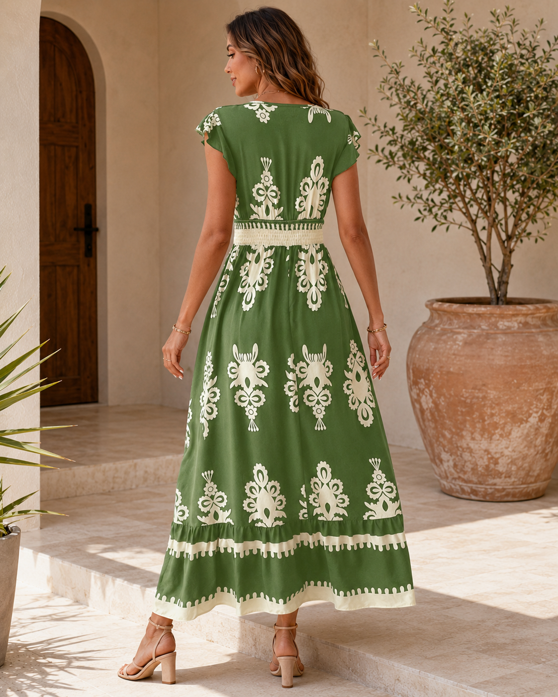 Printed V-Neck Ruffled Cap Sleeve Dress Trendsi
