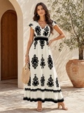 Printed V-Neck Ruffled Cap Sleeve Dress Trendsi