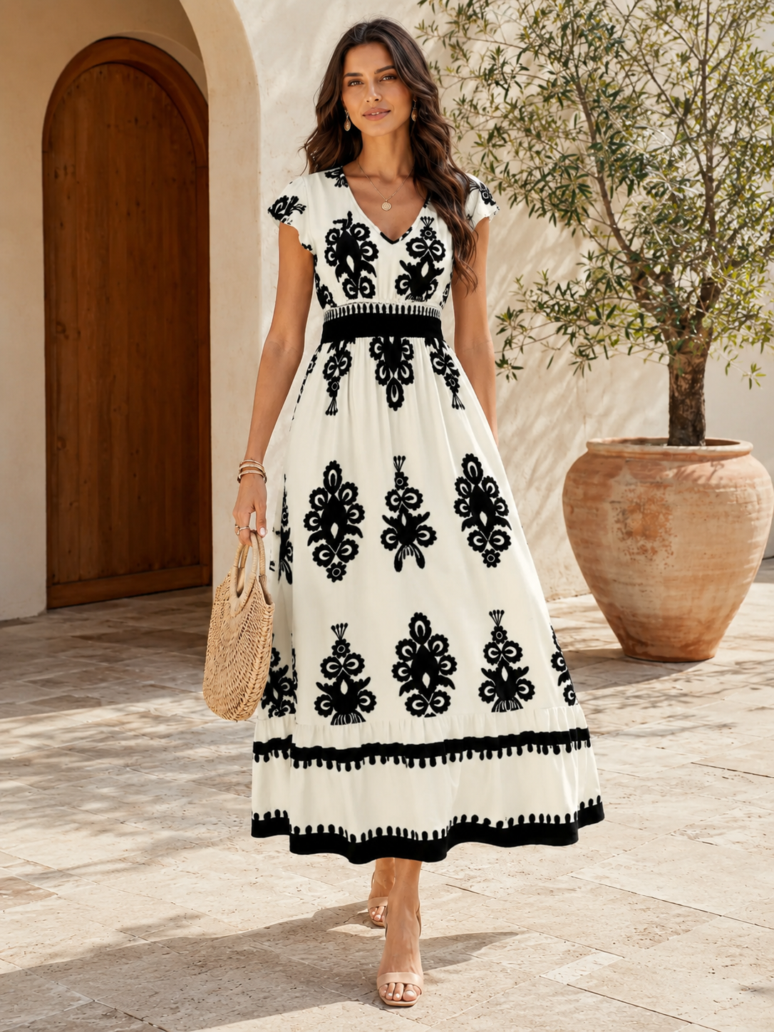 Printed V-Neck Ruffled Cap Sleeve Dress Trendsi