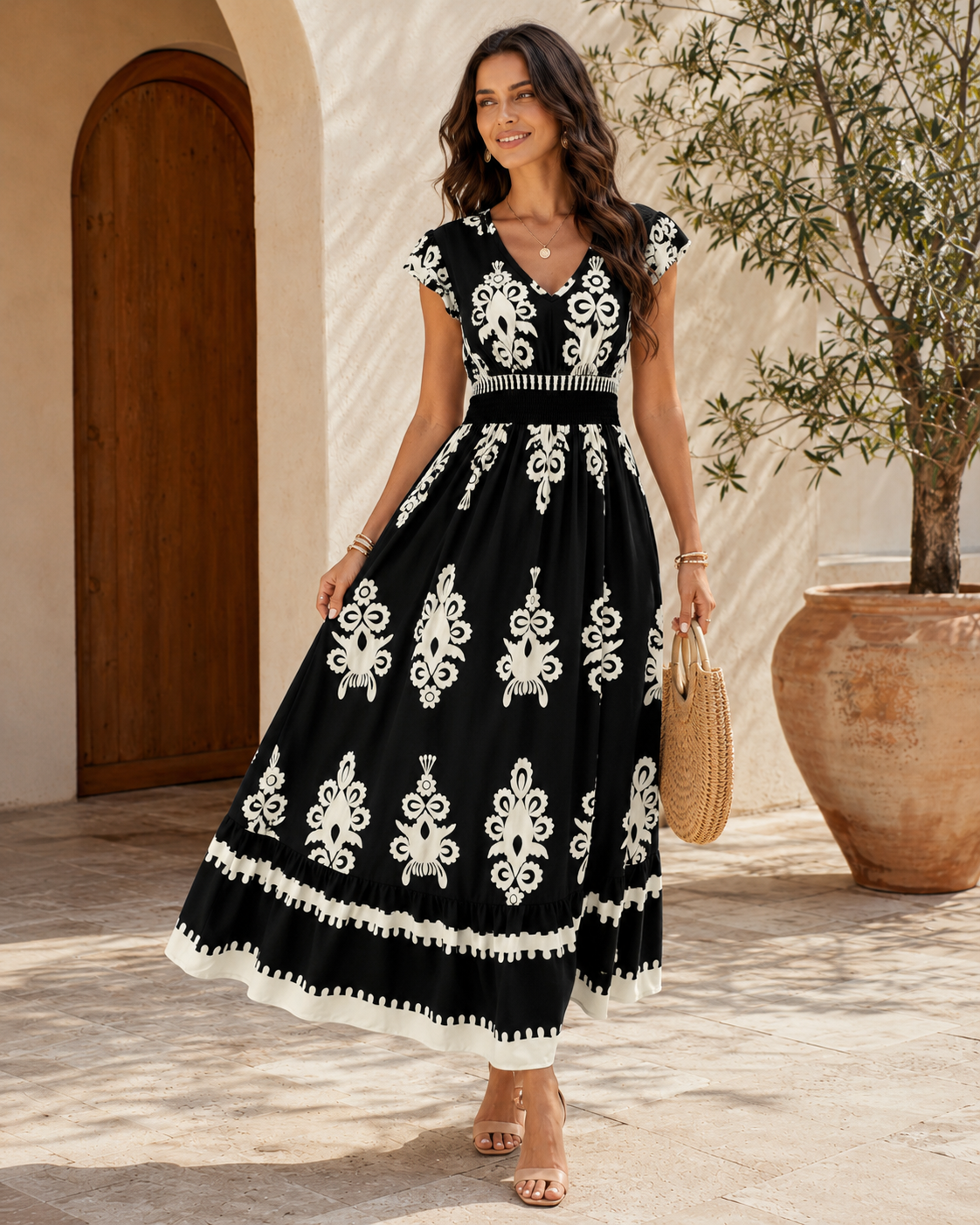 Printed V-Neck Ruffled Cap Sleeve Dress Trendsi