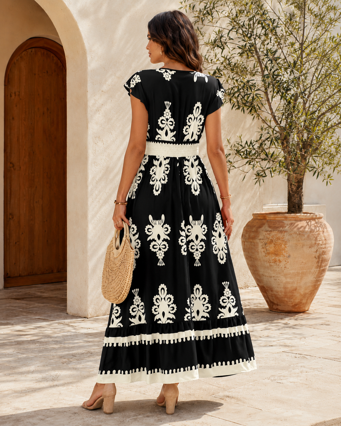 Printed V-Neck Ruffled Cap Sleeve Dress Trendsi