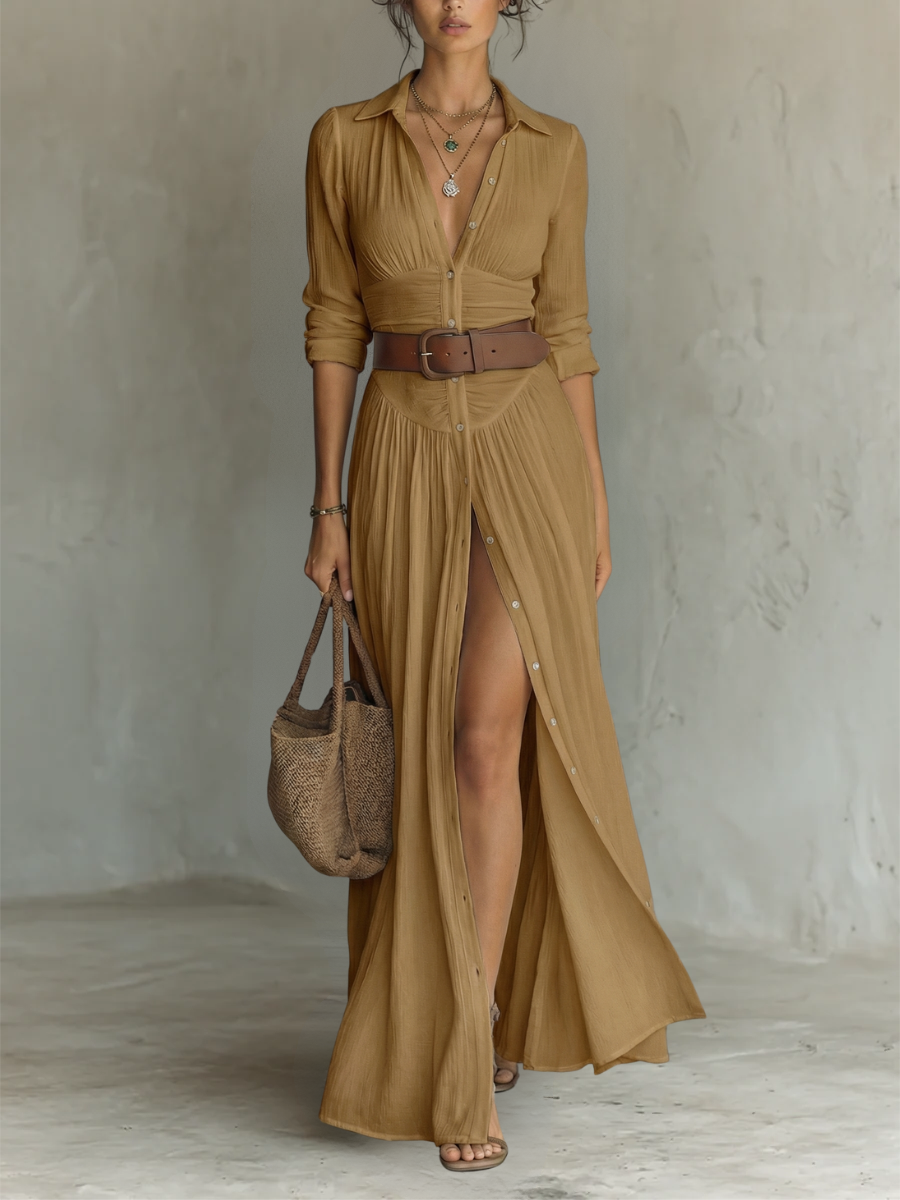 Long Maxi Dress with Notched Collar and Long Sleeves for Women • S1 Olivia Reed