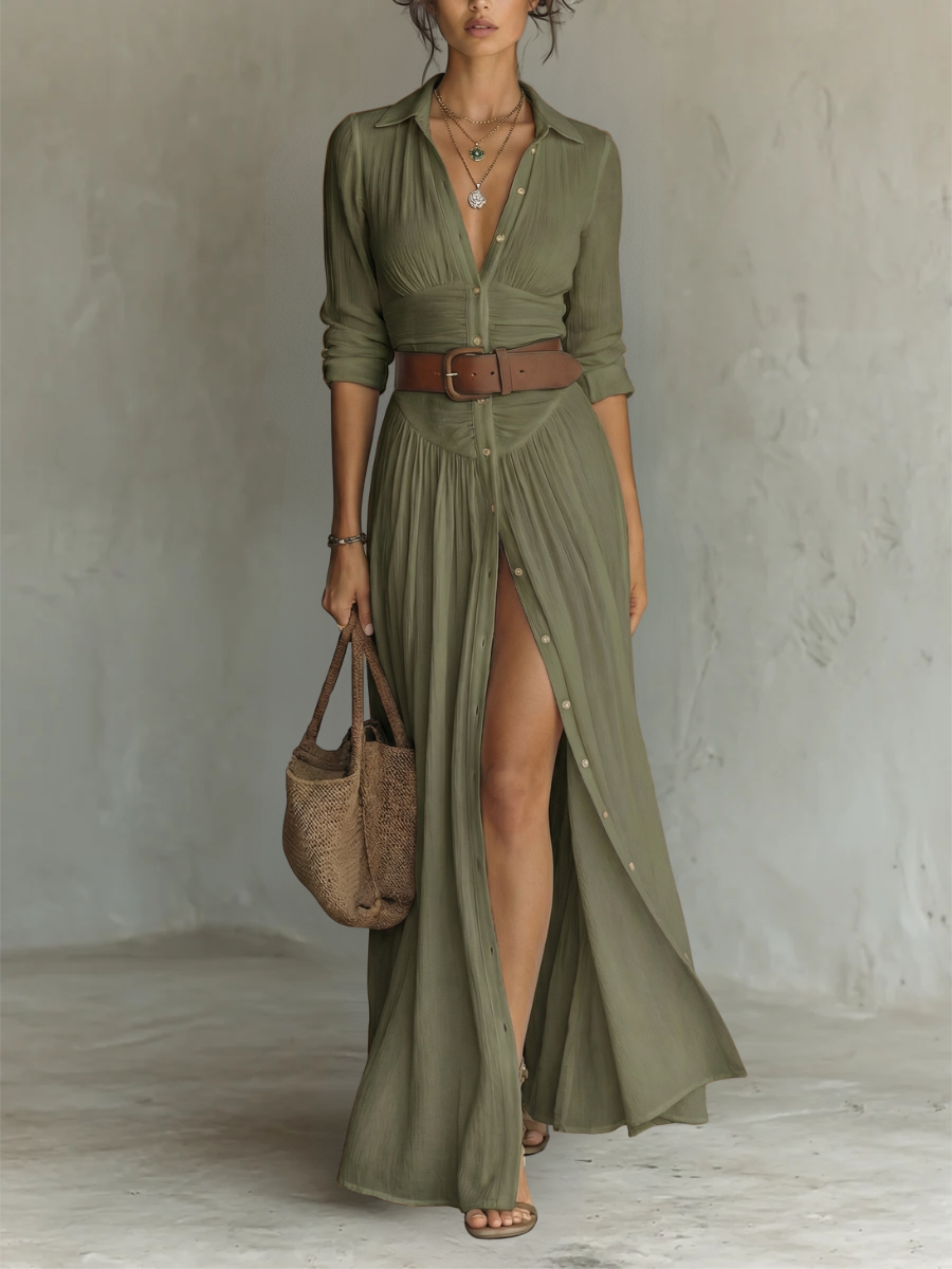 Long Maxi Dress with Notched Collar and Long Sleeves for Women • S1 Olivia Reed