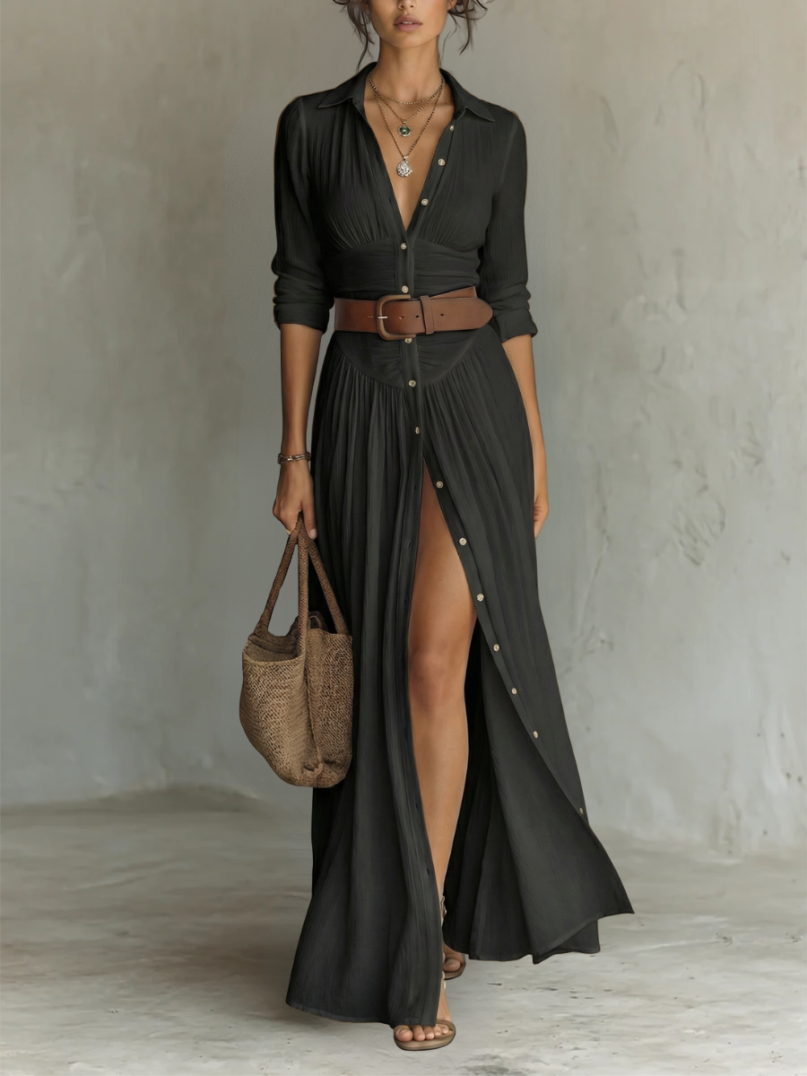 Long Maxi Dress with Notched Collar and Long Sleeves for Women • S1 Olivia Reed